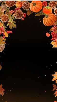 a black background with autumn leaves and pumpkins on it, as well as pine cones