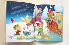 an open children's book with pictures of elves and reindeers in the snow