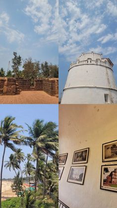 there are three pictures that show the same building and palm trees on each side of the photo