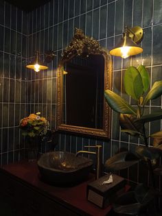 a bathroom with a sink and mirror next to a potted plant on the counter