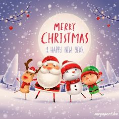 merry christmas and happy new year card with santa claus, snowmen and reindeers