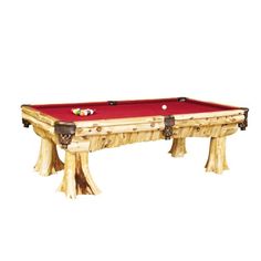 a pool table made out of wood and red cloth on the top, with two cues