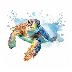 a green sea turtle swimming in the ocean with watercolor splashes on it's back