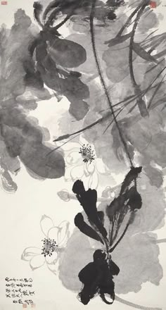 black and white painting with flowers on it