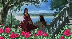 the princess and the frog are talking in front of pink roses with water behind them