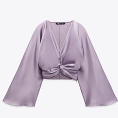 Nwt. Zara Lavender Knotted Satin Effect Crop Top With V-Neckline, Long Sleeves, Side Zipper Closure. Size M. Ref. 9221/845. Pit To Pit 18" Flat, Sleeves 26,5" From Neckline, Length 16". 1071. White Blouse Top, Basic Blouses, Crewneck Style, Cropped Cardigan Sweater, Zara Blouse, Satin Shirt, Satin Blouse, Satin Top, Crop Top Blouse