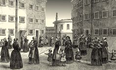 an old drawing of people standing in the street