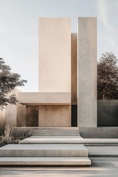 concrete steps leading up to a building with trees in the backgroung area