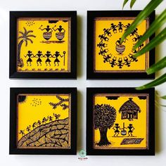 four black and yellow framed artwork on a white wall next to a green plant with leaves