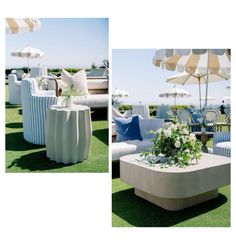 an outdoor seating area with umbrellas and tables on the grass, along with flowers in vases