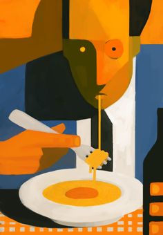 a painting of a man eating food from a plate