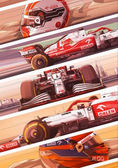 four different race cars are shown in three separate pictures, one is red and the other is white