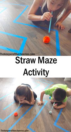 two children are playing with straw mazes on the floor and one child is laying down