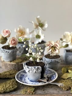 small pots with flowers in them on a table