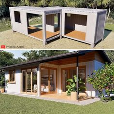 two pictures side by side of a house made out of shipping containers and one with doors open