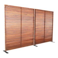 a wooden slatted screen with metal legs