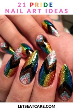 Celebrate Pride with these 21 Pride nail art designs. Rock these rainbow manicures in June or anytime during the year! #pride #pridemonth #nailart #nails #pridenails Pride Nails Designs, Inclusive Pride Flag, Pride Nails, Flag Nails, Bright Nail Art, Rainbow Nails Design, Jazz Hands, Rainbow Nail Art, Rainbow Nail