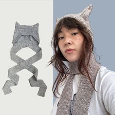 a woman wearing a knitted hat and scarf next to an image of a cat's tail