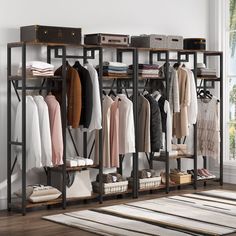 an organized closet with clothes and suitcases