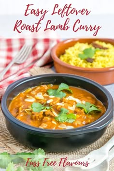 two bowls filled with soup next to rice and cilantro on a tablecloth