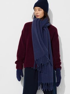 - Lightweight, cozy and warm.  - The images shown may include colors that are not available.  Size  82.7''×15.7'', Fringe: 3.9''×2  Product ID: 470736 Chunky Wool Scarf, Uniqlo Store, Chunky Scarf, Fall Closet, Chunky Scarves, Chunky Wool, Blanket Scarf, Outfit Inspo Fall, Wool Scarf