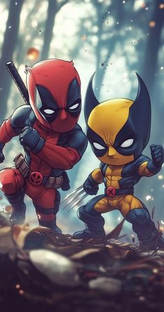 two deadpools standing next to each other in front of some leaves and trees