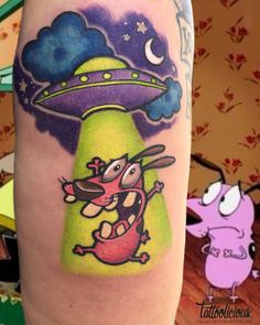 a cartoon character with an alien flying through the sky on his arm, next to a pink dog