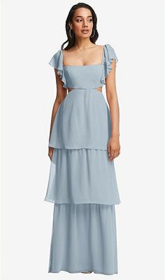 Flutter Sleeve Cutout Tie-back Maxi Bridesmaid Dress With Tiered Ruffle Skirt In Mist | The Dessy Group Elegant Light Blue Tiered Maxi Dress, Elegant Light Blue Chiffon Maxi Dress, Blue Tiered Chiffon Maxi Dress, Tiered Ruffle Skirt, Maxi Bridesmaid Dresses, Chiffon Maxi, Chiffon Maxi Dress, Ruffle Skirt, Custom Dresses