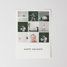 a white card with photos of people and babys on it, says happy holidays from the family