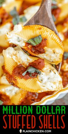 a spoon full of stuffed shells with sauce