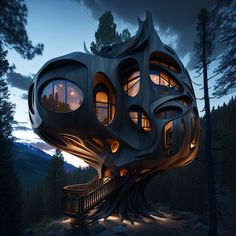 an unusual house in the woods at night