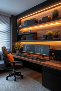 a home office with two computer monitors on the desk, and a chair in front of it