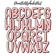 the upper and lower case of an english alphabet with pink letters on white background, hand drawn