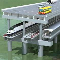 an artist's rendering of a train on a bridge over water with cars passing by