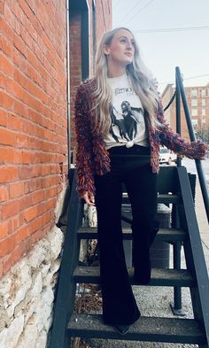 Cardigan Spring Outfit, Black Flare Pants Outfit, Flare Pants Outfits, Grungy Outfit, Flare Pants Outfit, Bottoms Outfit, Corduroy Flares, Bell Bottoms Outfit, Rainbow Cardigan