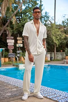 COOFANDY Men's 2 Piece Outfit Casual Short Sleeve Button Down Shirt Beach Summer Loose Pant Sets Outfit Casual Short, Linen Outfit Men, Mens Vacation Outfits, White Beach Outfit, Vacation Outfits Men, Thailand Outfit, Beach Outfit Men, White Party Outfit, Party Outfit Men