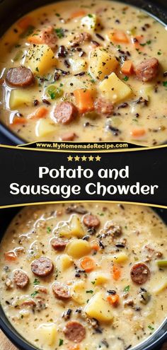 🥔 Rich, creamy potato chowder loaded with savory sausage. This hearty soup is pure comfort in a bowl. Perfect for cold nights when you need something warm and filling to hit the spot. Ingredients: 1 lb smoked sausage 6 large potatoes, diced 4 cups chicken broth 1 cup heavy cream Warm up with a bowl of this creamy, cozy goodness! 🥣✨ Sausage Chowder, Potato And Sausage, Chicken Potato Soup, Sausage Potato Soup, Sausage Soup Recipes, Cream Soup Recipes, Smoked Sausage Recipes, Potato Chowder, Winter Soup