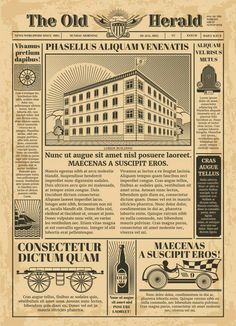 the old newspaper with an image of a building and other things on it, vintage style