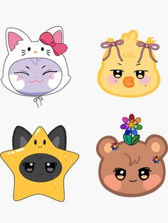 four cartoon animals with bows on their head and one has a flower in its hair