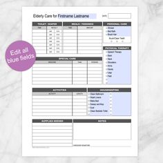 A printable Elderly Care, Daily Care Sheet with Housekeeping log for keeping track of the daily care of an elderly person who needs additional or monitored care, with housekeeping needs, too. This caregiver's tracking sheet allows you to log a lot of information while caring for an elderly person on a daily basis. This printable page tracks toilet use or diaper changes, meals or feedings, personal care, physical therapy, and housekeeping tasks. It also logs activities, special care, and special Care Giver, Caregiver Resources, Cleaning Dust, Helping Hands, Therapy Activities, Medical Care, Effective Communication, Teeth Cleaning