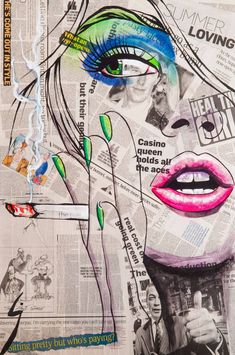 a woman's face is surrounded by newspaper pages and other things that are collaged together