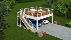 two cars are parked in front of a deck with stairs to the second floor and another car is parked under it