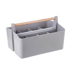 a gray plastic container with three compartments and a wooden stick sticking out of the top