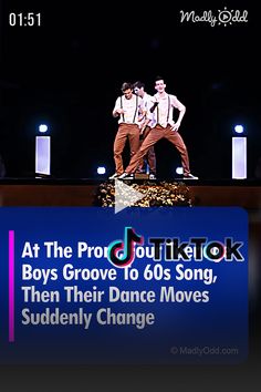 two men on stage with the words at the pro dj tiketok boys grove to 60's song, then their dance moves suddenly change