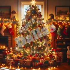 a decorated christmas tree with presents under it