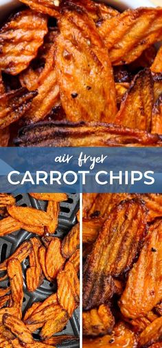 an image of carrot chips in the air fryer with text overlay that says air fryed carrots