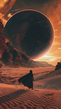 a person walking in the desert with a giant object in the sky behind them and an alien planet in the background