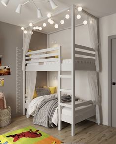 a white bunk bed sitting next to a child's room with lights on the ceiling