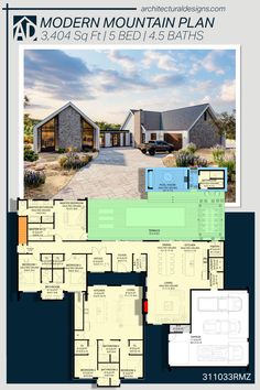 the modern mountain plan is shown with floor plans