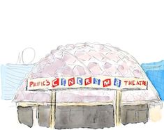 a drawing of a large dome building with signs on it's front and sides